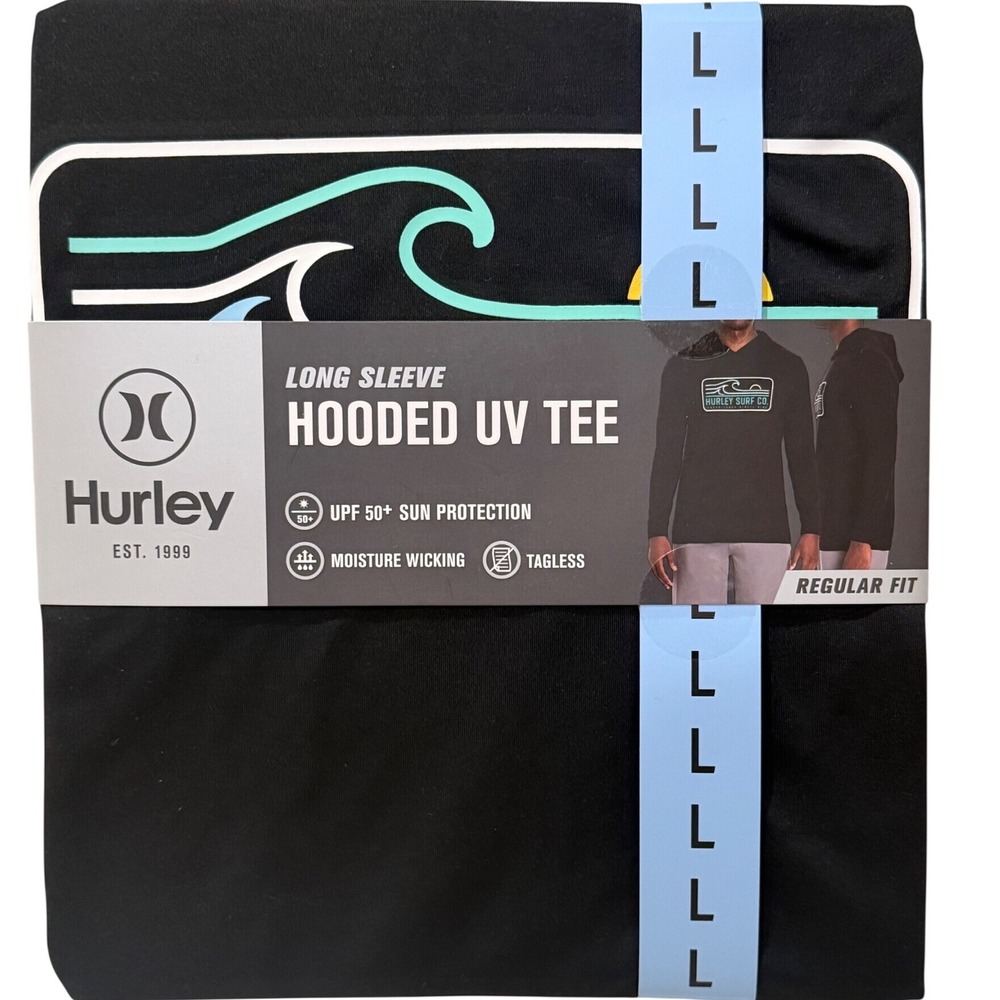 Hurley Black Long Sleeve UPF 50+ Hooded UV Tee Mens Large Regular Fit Rash Guard